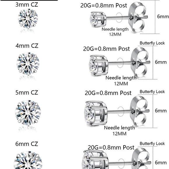 Set of 4 Hypoallergenic Silver CZ Stud Earrings for Men and Women, Includes 3-6m - Picture 2 of 7